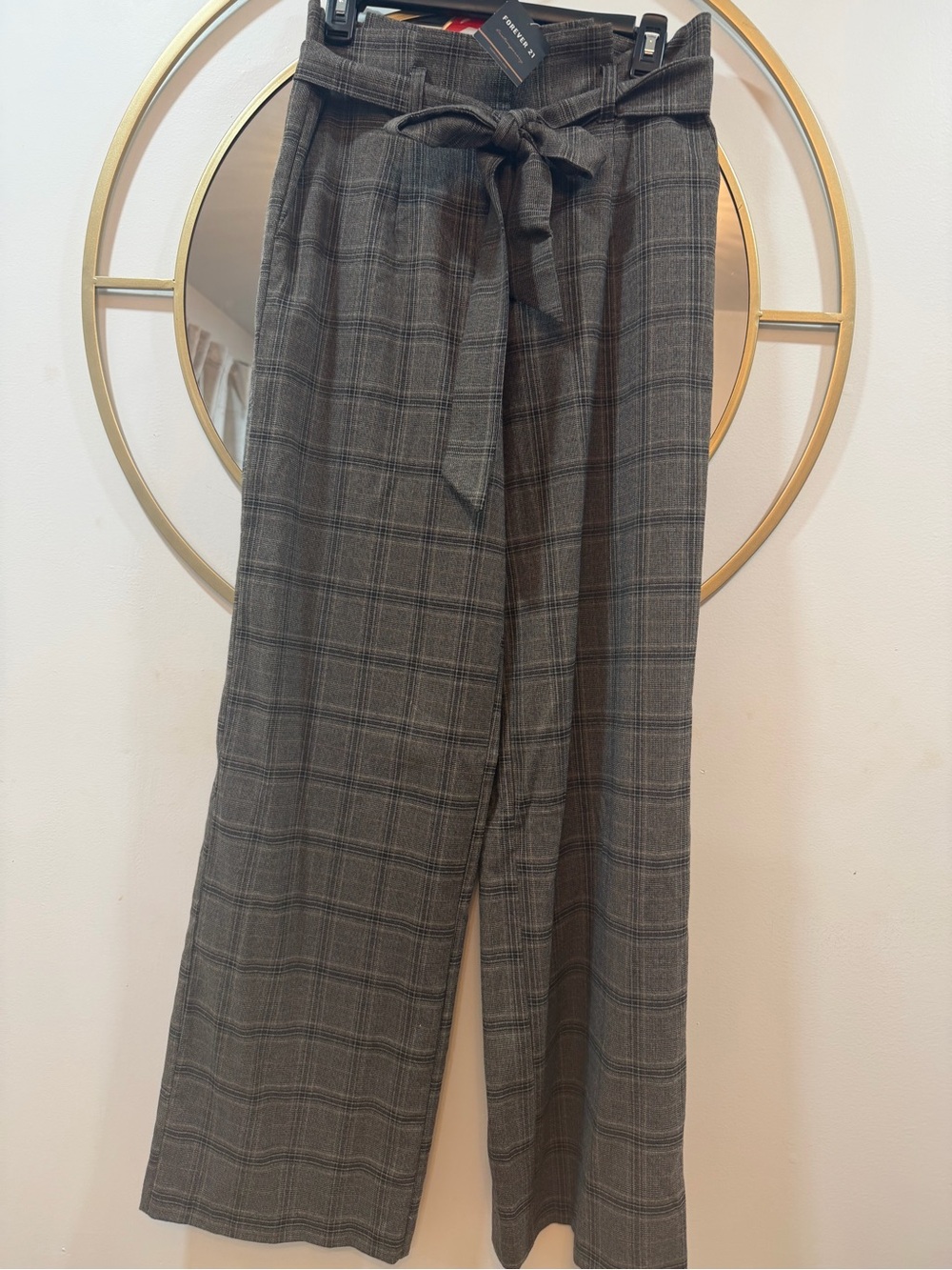 Forever 21 Gray Plaid Wide-Leg Tie-Waist Pants